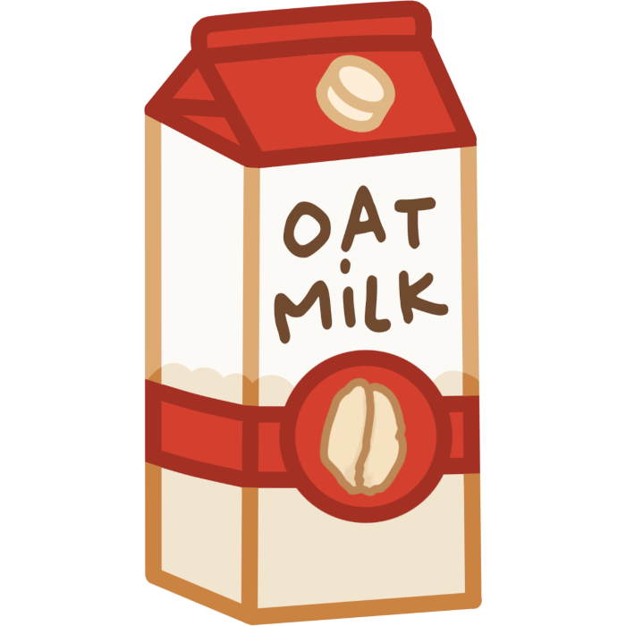 A drawing of a carton of oat milk. The carton is white with a red top and a red stripe around the box. On the front of the box, there is a red circle on top of the stripe, which contains an oat. The words 'oat milk' are written above the circle.